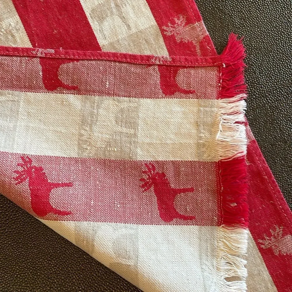 Linen Tablerunner Reindeer woven fabric red/ natural